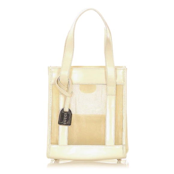 Auth. Gucci Mesh Handbag Nude Tote +pouch lightweight Nylon Leather Vintage - Picture 1 of 17